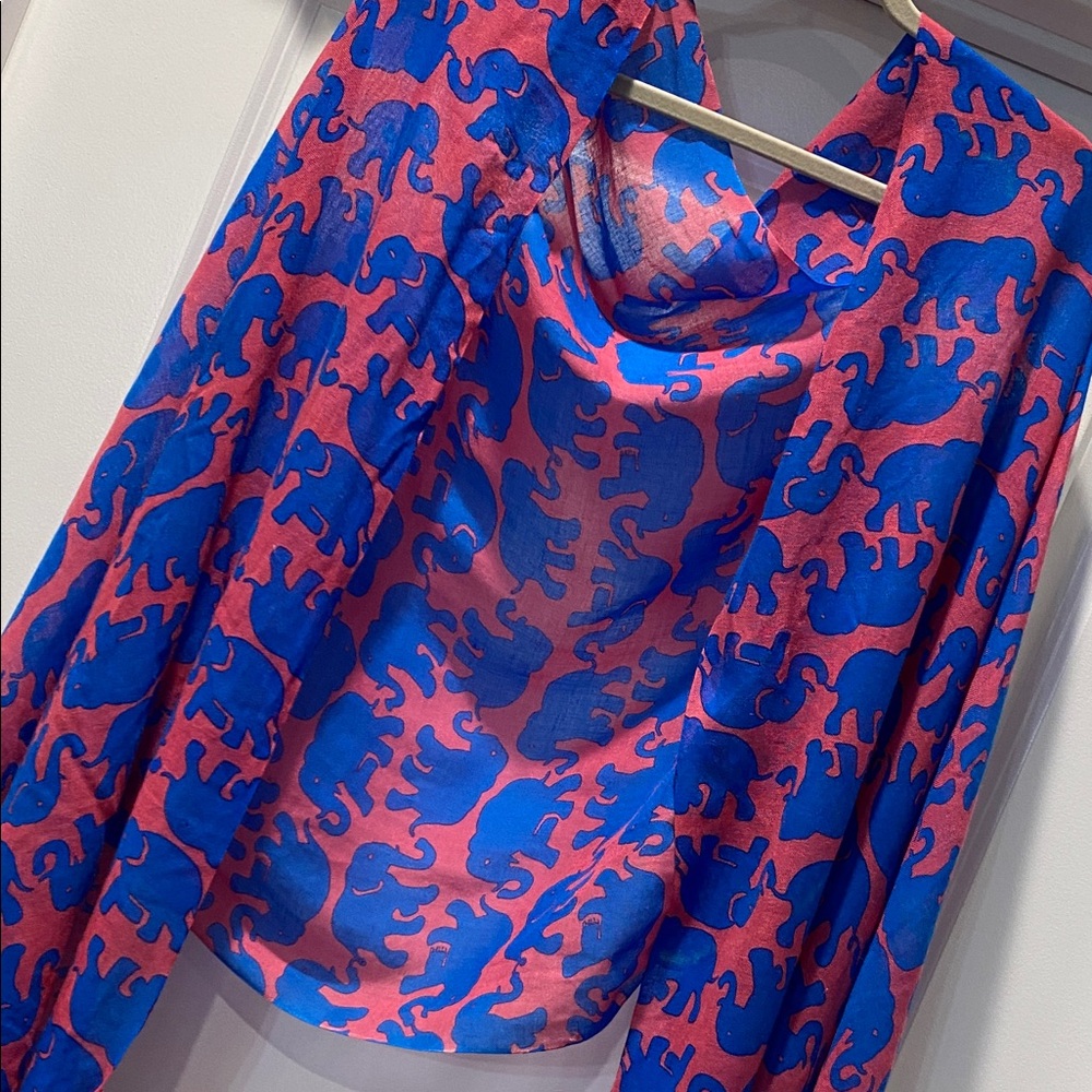 Lilly Pulitzer Blue & Red Elephant Print Silk-Cashmere Scarf